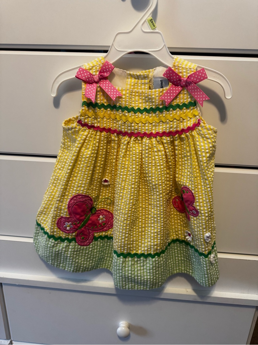 Rare Editions Yellow Seersucker Butterfly Sundress with Pink Bows